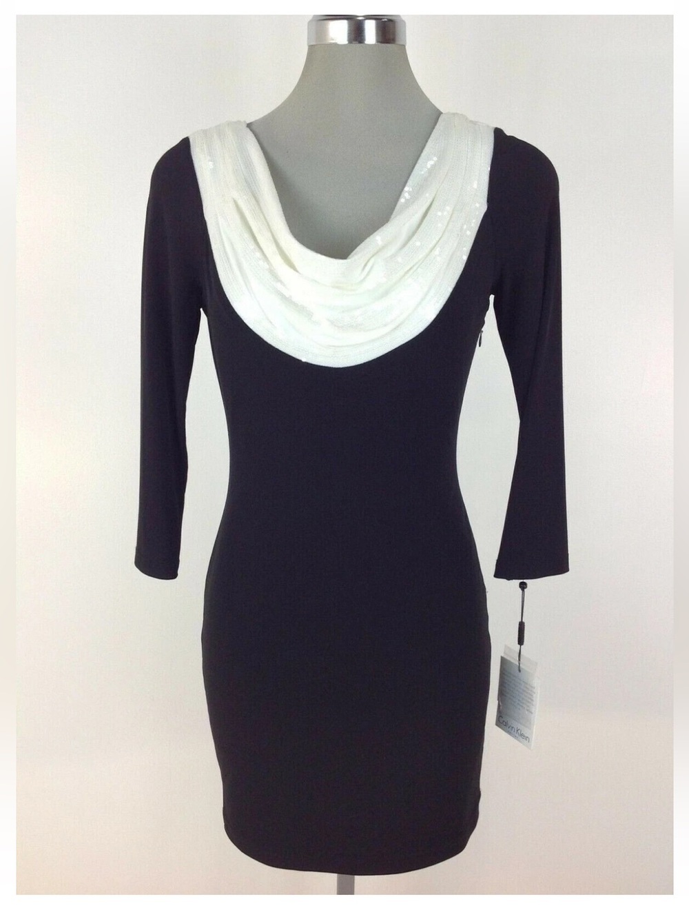 New Calvin Klein Black Long-Sleeve Dress with White Drape Cowl Neck size 6